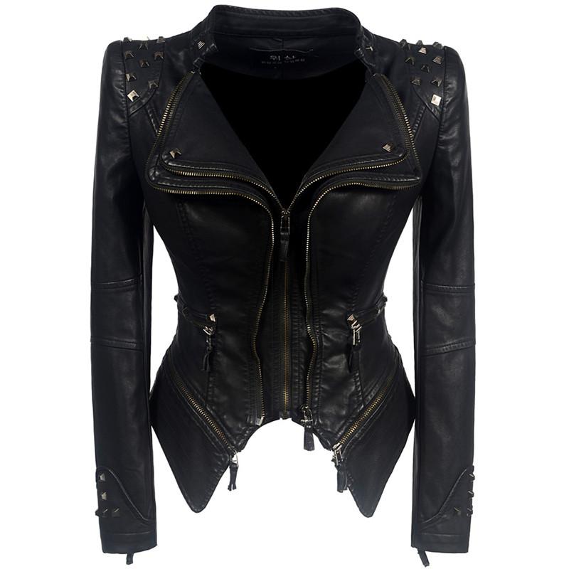 

Women' Leather & Faux 2021 Fashion Women Autumn Winter Black Jackets Zipper Basic Coat Turn-down Collar Biker Jacket Outwear R498