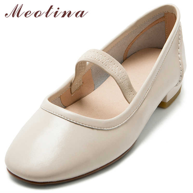 

Meotina Natural Genuine Leather Low Heels Women Mary Janes Shoes Chunky Heel Pumps Fashion Round Toe Ladies Footwear Spring 40 210608, White