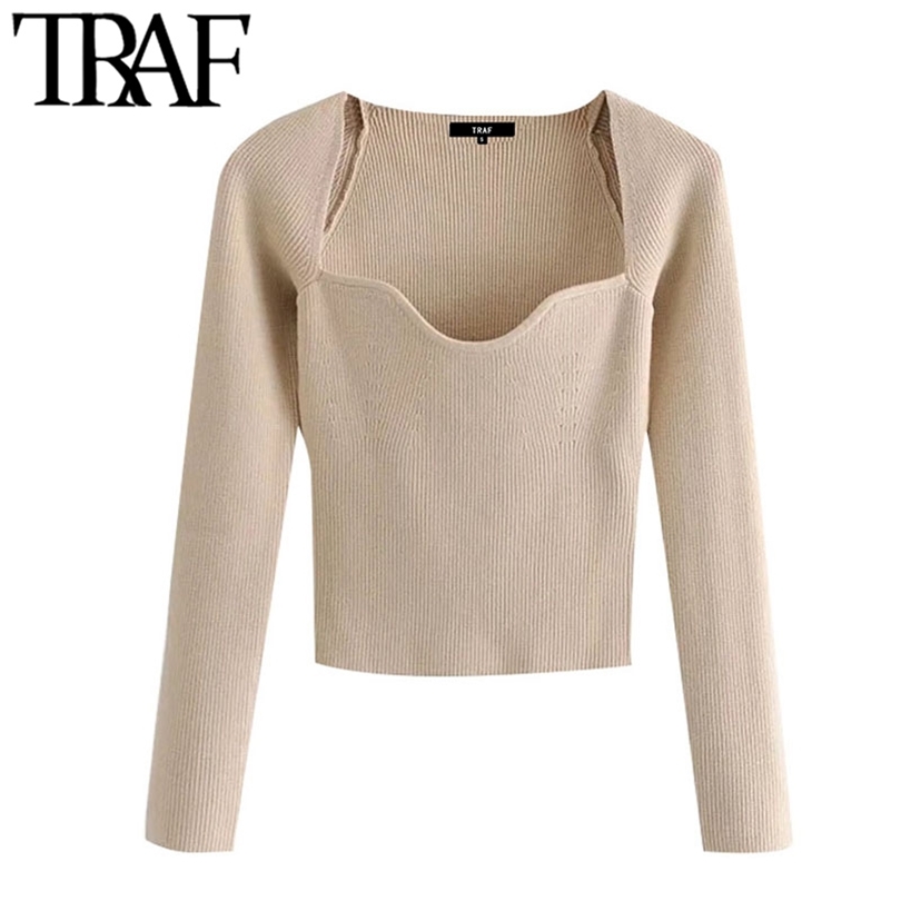 

TRAF Women Fashion With Sweetheart Neck Cropped Knitted Sweater Vintage Long Sleeve Fitted Female Pullovers Chic Tops 211018, As picture