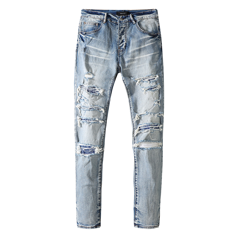 

Autumn Spring Men Fashion Hole Patch Ripped Jeans Skinny Straight Slim Elastic Casual Stretch Denim Trouser, Light blue
