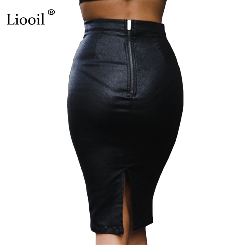 Liooil Women Black PU Leather Skirt Pencil High Waist Autumn Winter Zipper Skinny Sexy Bodycon Midi Office Skirts Womens Warm 210412Z