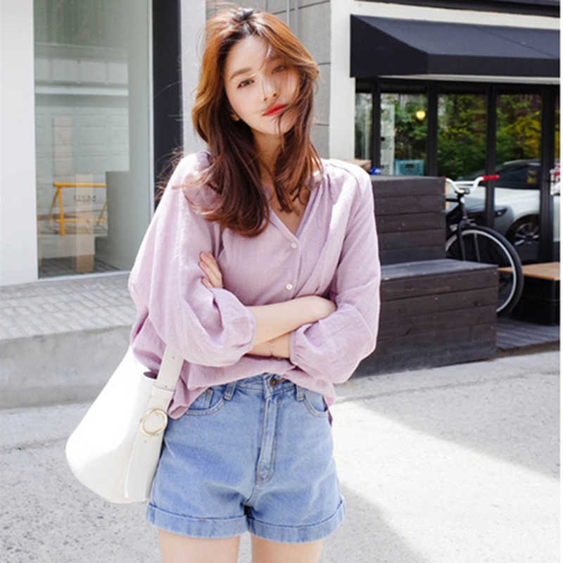 

Spring Summer Korea Fashion Women Loose V-neck Shirts Light Violet Cotton Linen Casual Blouse Female Blusas Plus Size Tops S154 210608, White