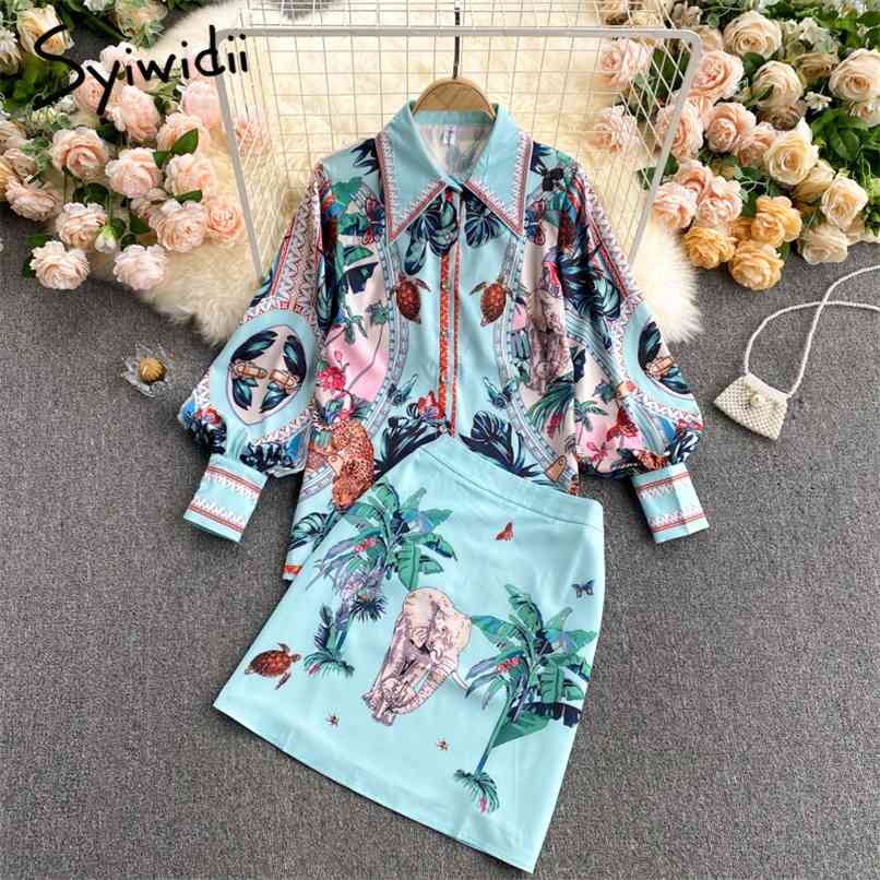 

Vintage Print 2 Piece Skirts Sets Women Summer Lantern Sleeve Turn-down Collar Button Up Shirts and Mini Skirt 210607, Blue
