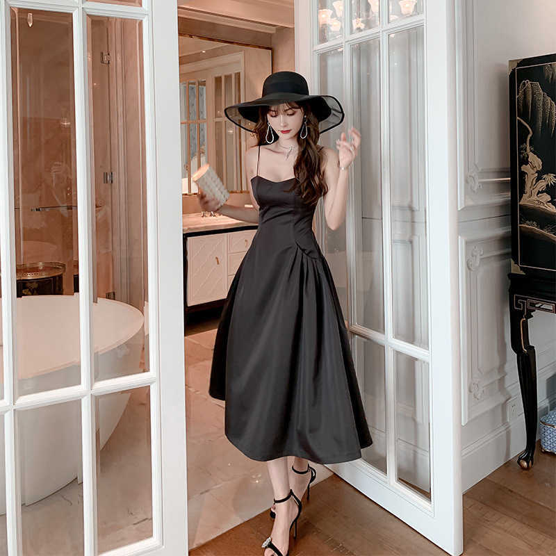 

Sexy sling temperament tube top big swing waist slim dress Sleeveless Office Lady Polyester Sheath Knee-Length 210603, Black