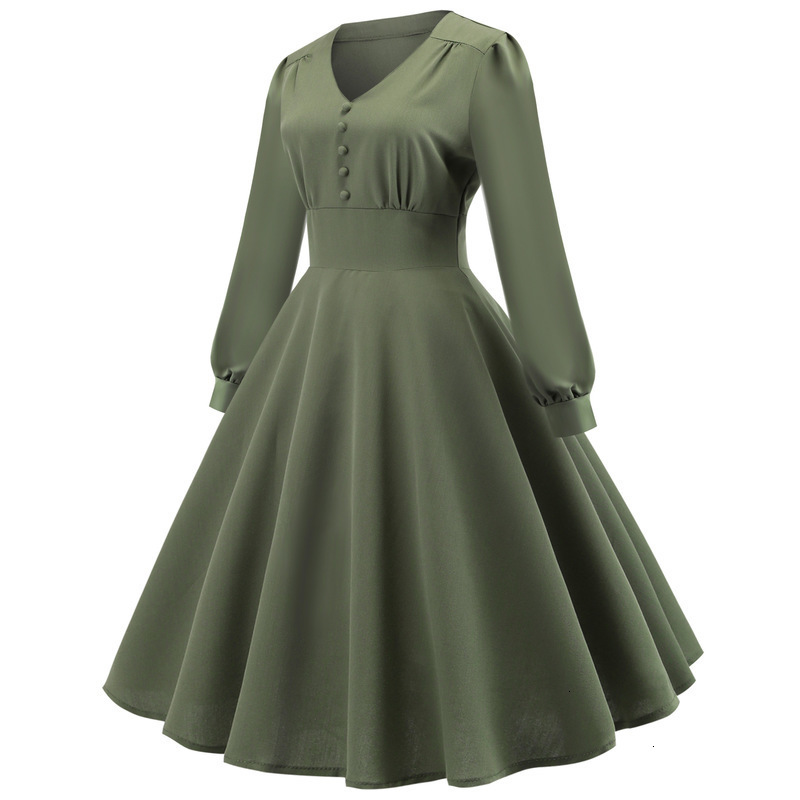 

long Dresses V-Neck Casual sleeve button up dress fluffy skirt 1082, Army green