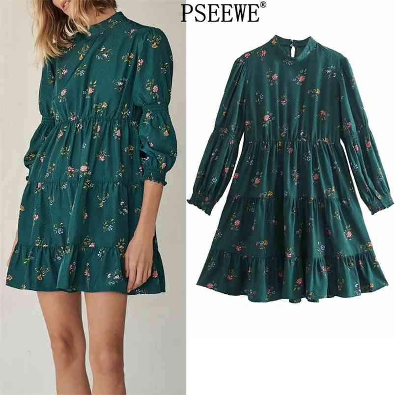 

Green Floral Print Mini Dress Women Spring High Neck Puff Sleeve Casual es Woman Ruffle Vintage 210519