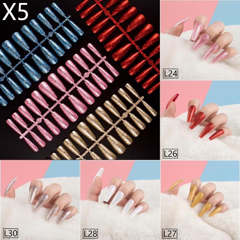 

False Nails 5 Sets/pack Mixed Colors Glitter Long Ballerina Coffin Nail Tips Press On Fake Art 12 Sizes Full Cover, Red;gold