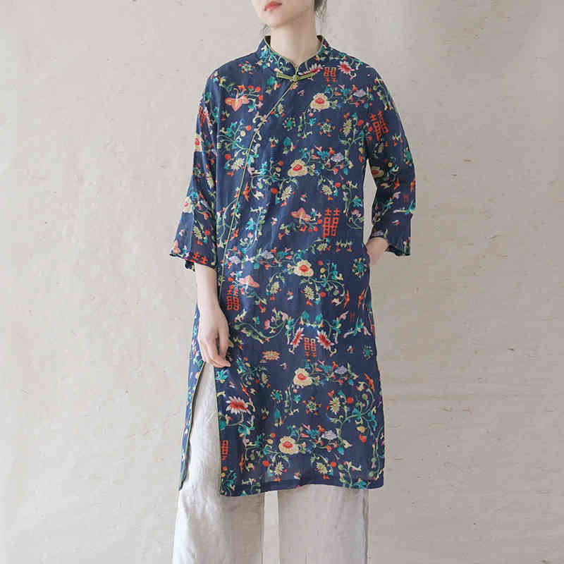

Johnature Women Ramie Print Floral Dresses Stand Seven Sleeve Cheongsam Summer Button A-Line Female Clothes Vintage Dress 210521, Navy blue