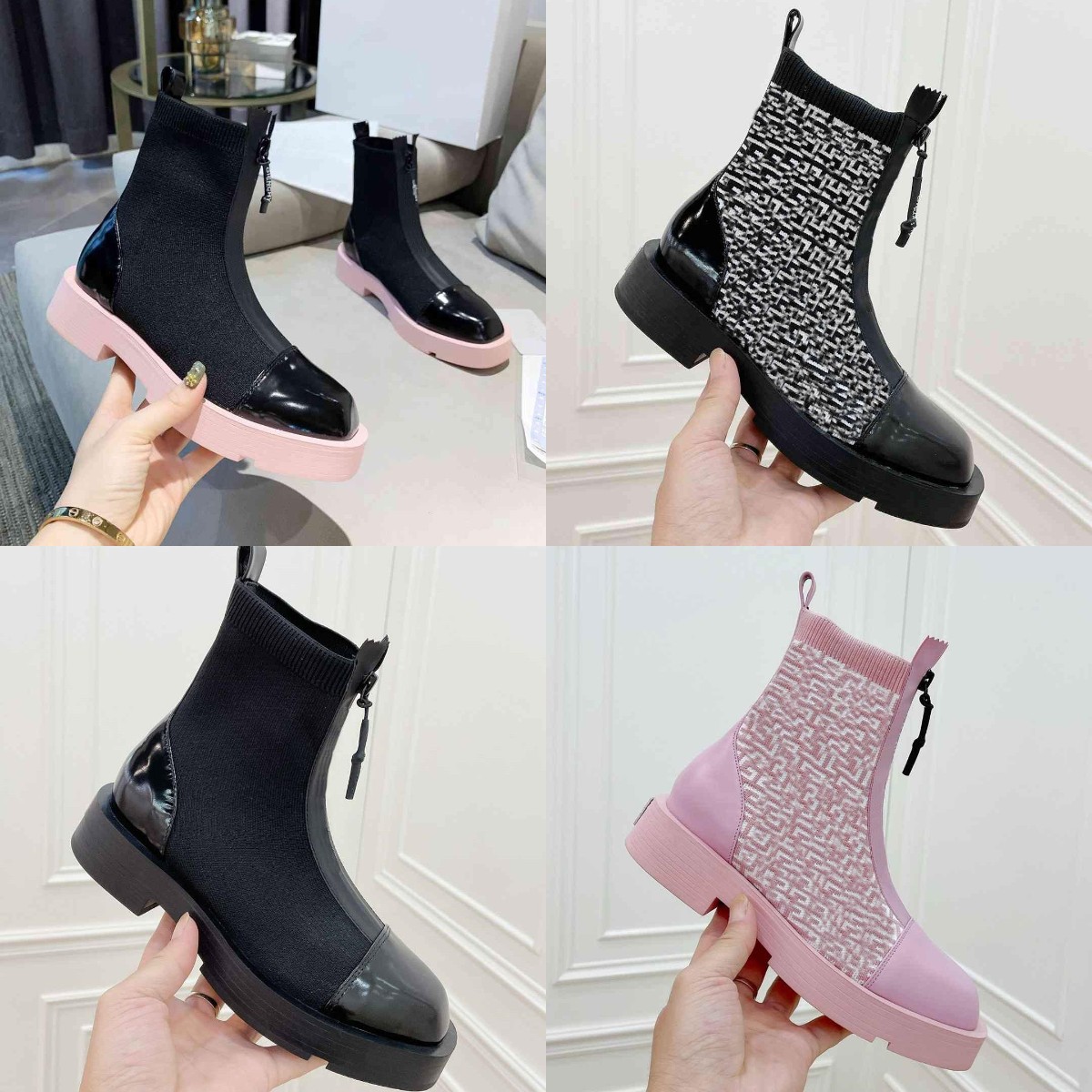 

Women Knitted Surface Boots Top Layer Leather Sole Classic Old Flower Fashion Shoes Martin Short Autumn Winter Ankle Exquisite Woman Boot Co, Black