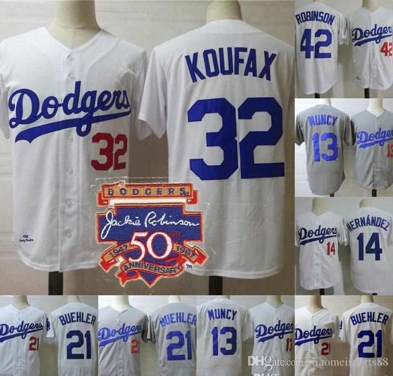 

NCAA 1958 Sandy Koufax Jackie Robinson 50th Patch Enrique Hernandez Max Muncy Walker Buehler Los Angeles Baseball Jerseys, Blue;black