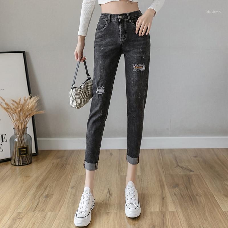 

Cuffs Patches Fake Hole Women's Jeans Ankle Length Stretch Cowboy Female Plus Size Pencil Pants Ladies Embroidery Skinny Denim, Black