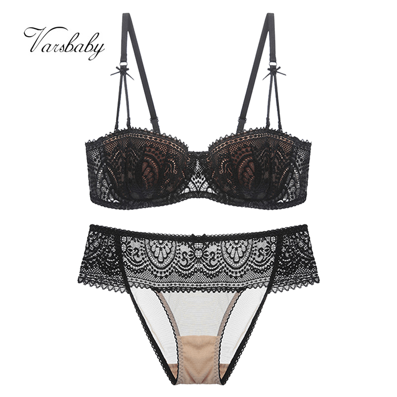 

Varsbaby 2Pcs Women Sexy Half Cup Ultra-Thin Lace Bra+Panty Underwear Set, Black