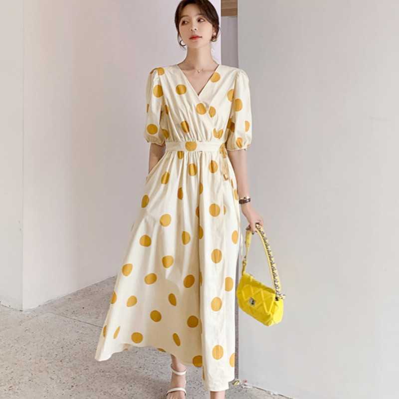 

Summer Polk Dots V-Neck Puff Sleeve Dresses For Women Midi Vintage Elegant Office Casual Party Clothes 210526, Photo color