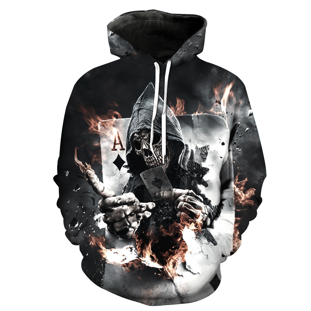 

Fleeces Sweater Hoodie HoodyNew skull 3D digital printing Pullover Hoodie women' large long sleeve wear, Skeleton card guard