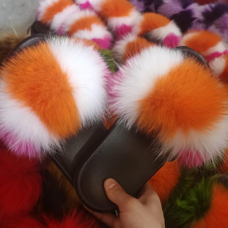 

Slippers Fashion Women Fur Slides Real Cute Fluffy Ladies Sandals Plush Female Flip Flops Furry Wholesale, Black