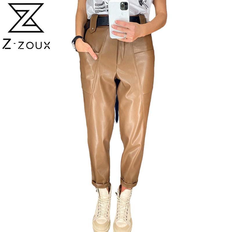 

GetSpring Women Pants Capris Fashion PU Leather Trousers Big Pocket Radish Long Black Autumn Winter 210524, Brown