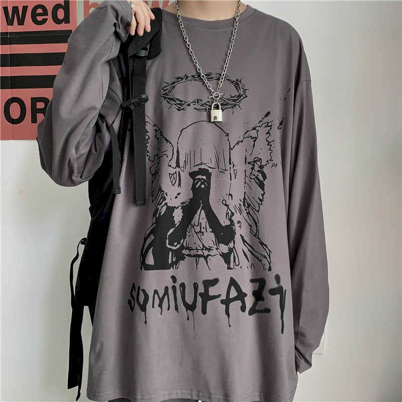 

Long-sleeved T-shirt men women autumn loose large size Hong Kong style trend Korean Harajuku student t-shirt top bottoming tops 210526, Astronaut gray