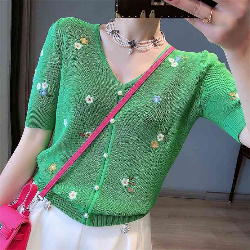 

Temperament v-neck embroidery loose knit sweater all-match slim pullover top summer fashion women's clothing 210520, Green