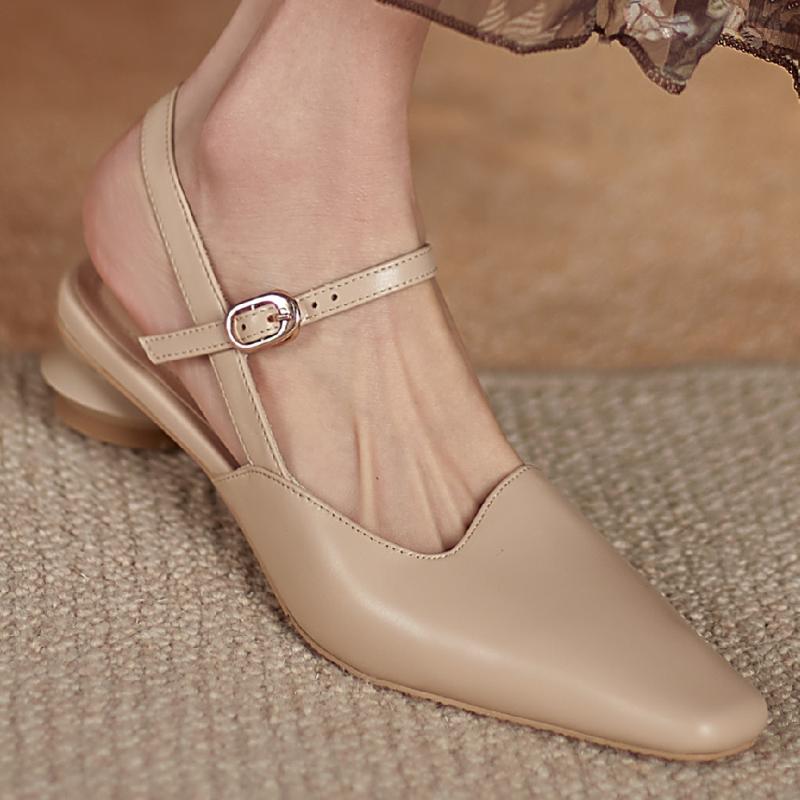 

Sandals Summer Women's Genuine Leather Low Heel Slingback Slip-on Square Toe Nude Female Casual Daily Shoes Sale, White