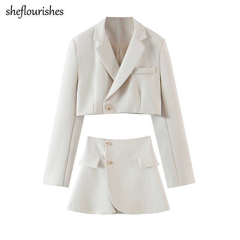 

Fall two piece set women vintage blazer korean long sleeve cropped jacket single button sexy mini skirt irregular outfits women 210708, Khaki