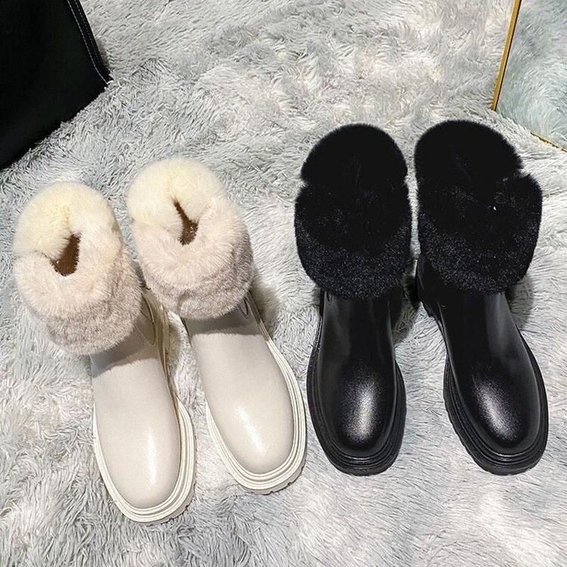 

Boots 2021 Real Fur Snow Women Cotton Shoes Female Winter Plush Warm Ankle Pu Leather Platform Botas Chunky Heel, Black