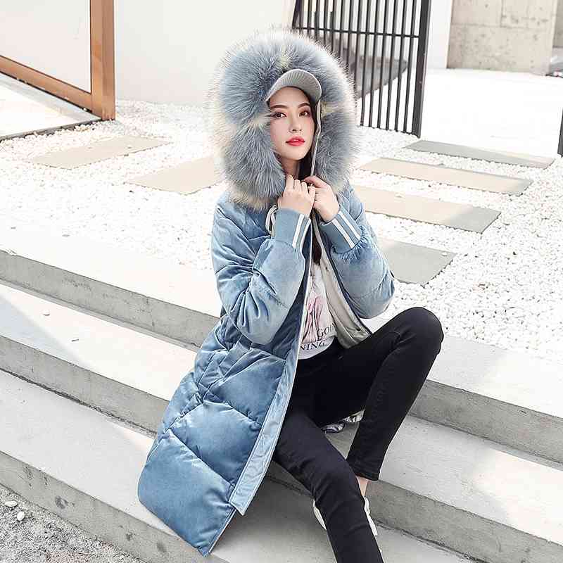 

Vintage Velvet Parka Women Fashion Hooded Large Fur Collar Long Padded Jacket Female Korean Thick Coat Mujer snow wear Outwear 210602, Beige