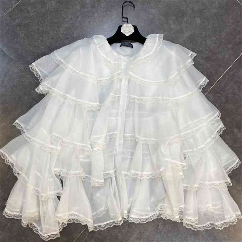

Women Lace Ruffles Temperament Shirt Round Collar Long Sleeve Straight Fashion Spring Summer 11B399 210525, White