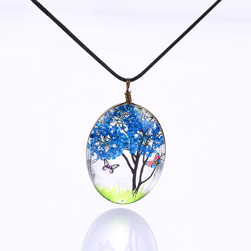 

Dried Flower Tree Of Life Glass Necklace Leather Rope Long Pendant Necklace For Women Girl's Jewelry Gift