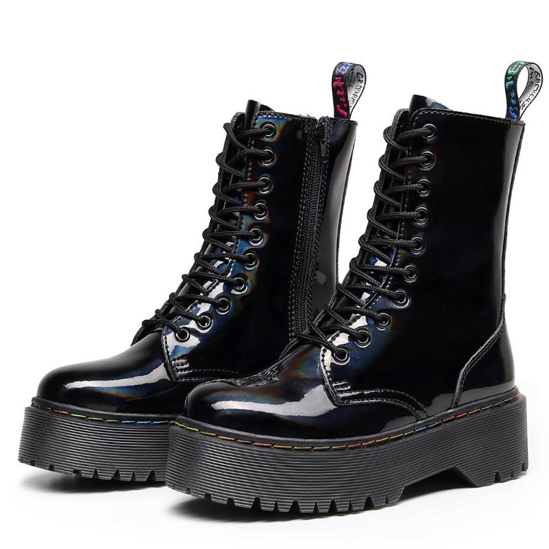 Bottes à la mode tête rond arc-en-ciel de 10 trous fermeture à glissière de la cheville au laser augmente la moto en cuir rouge à lacets pour fem