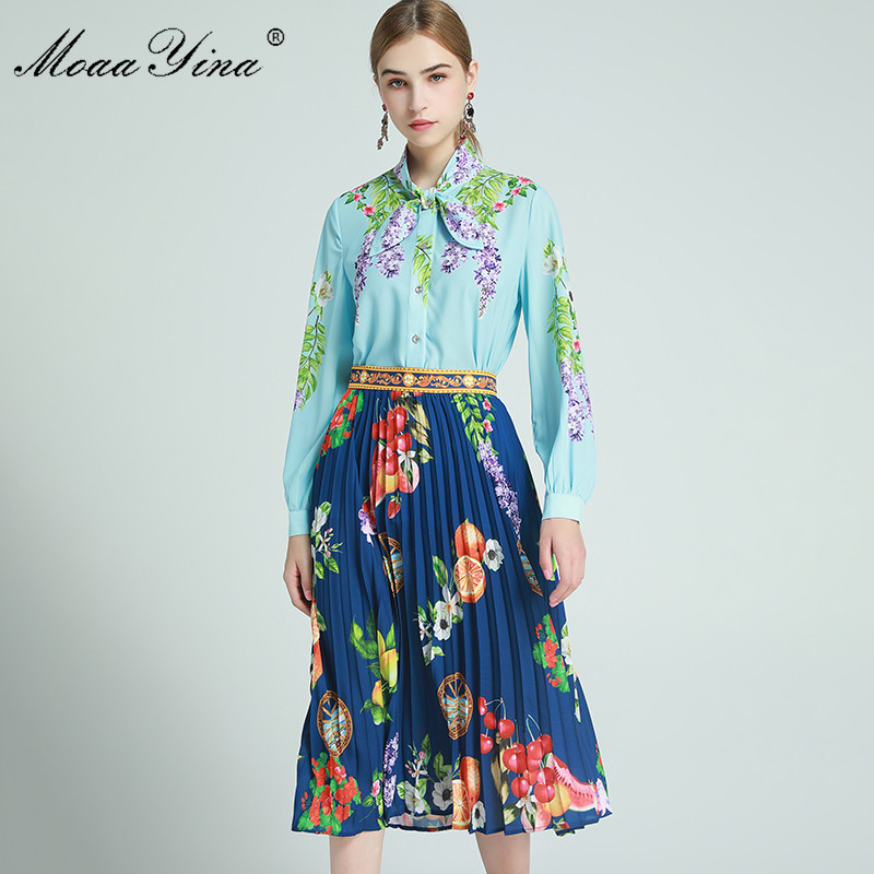 

Fashion Designer Set Spring Women's Long sleeve Blouses Tops+lemon fruit Fruit Floral Pleated skirt Two-piece set 210524, Multi