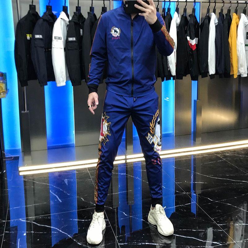 

Men's Tracksuits Personalized Set Men, Fall 2021) Patchwork Embroidered Jacket Cardigan Two-Piece, Blue