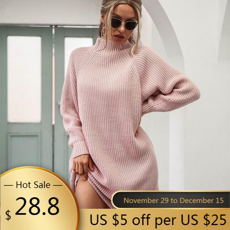 

Casual Dresses Mid-length Raglan Sleeve Half Turtleneck Sweater Dress 2021 Product Wish Autumn Fashion Women' Clothing, Sky blue