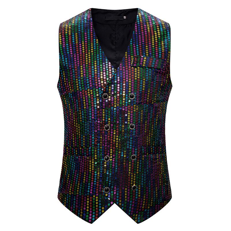 

Men' Vests Mens Colorful Sequin Double Breasted Vest Slim Fit V Neck DJ Nightclub Prom Waistcoat Men Party Wedding Grrom Chaleco Hombre 2XL, A picture show