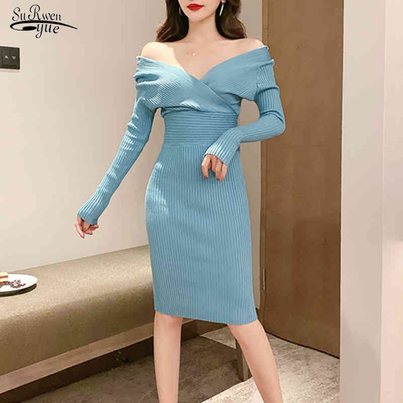 

High Waist Long Sleeve Sweater Dress V-collar Off Shoulder es Sexy Knit Women Fashion Sheath Vestido Feminino 12251 210521, Blue