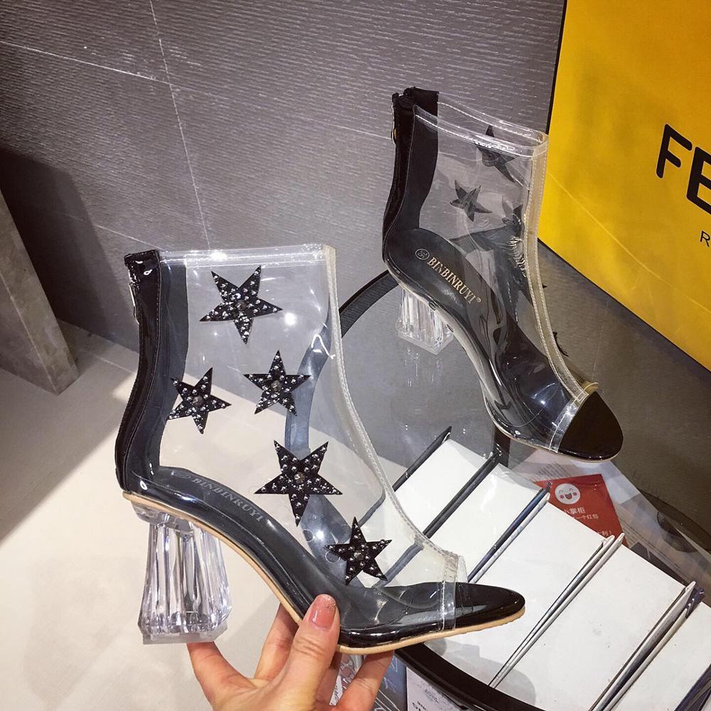 

Boots Spring Fashion Transparent Ladies Open Toe Bling Rhinestone Star Design Back Zipper Ankle Clear High Heel Bota 2D20, Silver