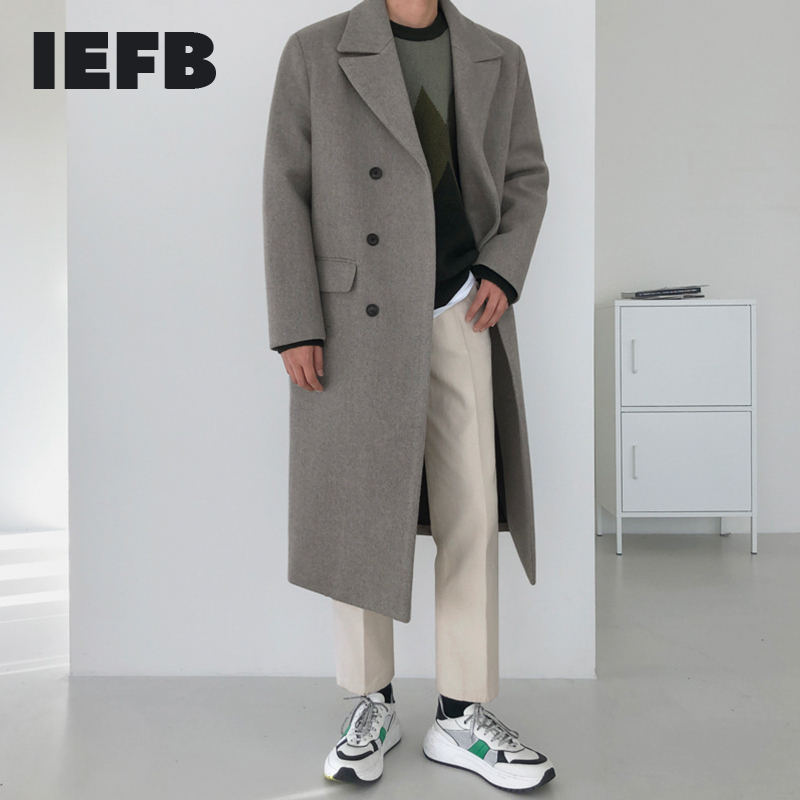 

IEFB Woolen coat men's Korean fashion over the knee mid length winter thickening loose double breasted warm long coat 9Y4486 210524, Dark gray