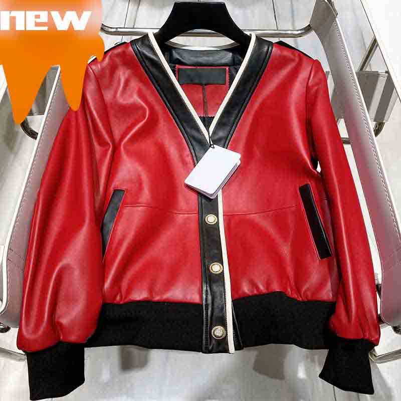 

Women Leather Clothing Women Winter Full Jacket Autumn and Winter Season Clothes, Long Sleeve Jacket Fashion Ins Style Letter Pattern Top, Red