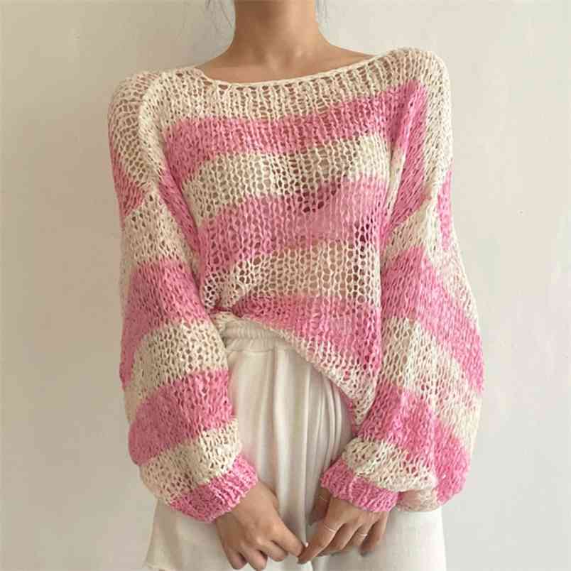 

Women Sweater Summer Korean Chic Sweet Slash Neck Loose Tops Contrast Color Striped Long Sleeve Hollow Out Jumper 210519, Khaki