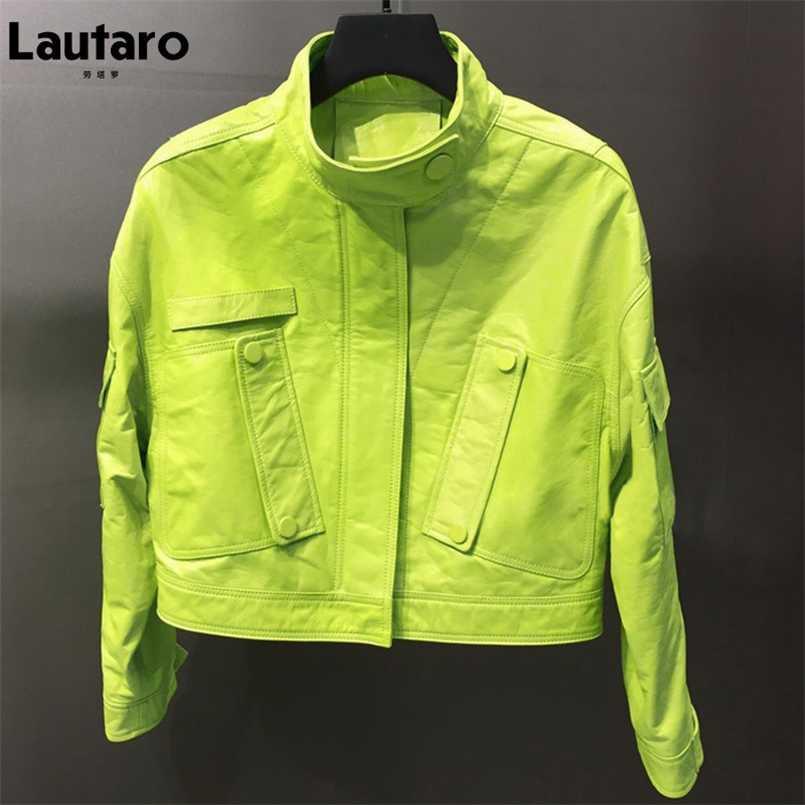 

Lautaro Autumn Short Lemon Yellow Leather Jacket Women Zipper Pockets Long Sleeve Colored Harajuku Y2k Clothes Street Style 211110