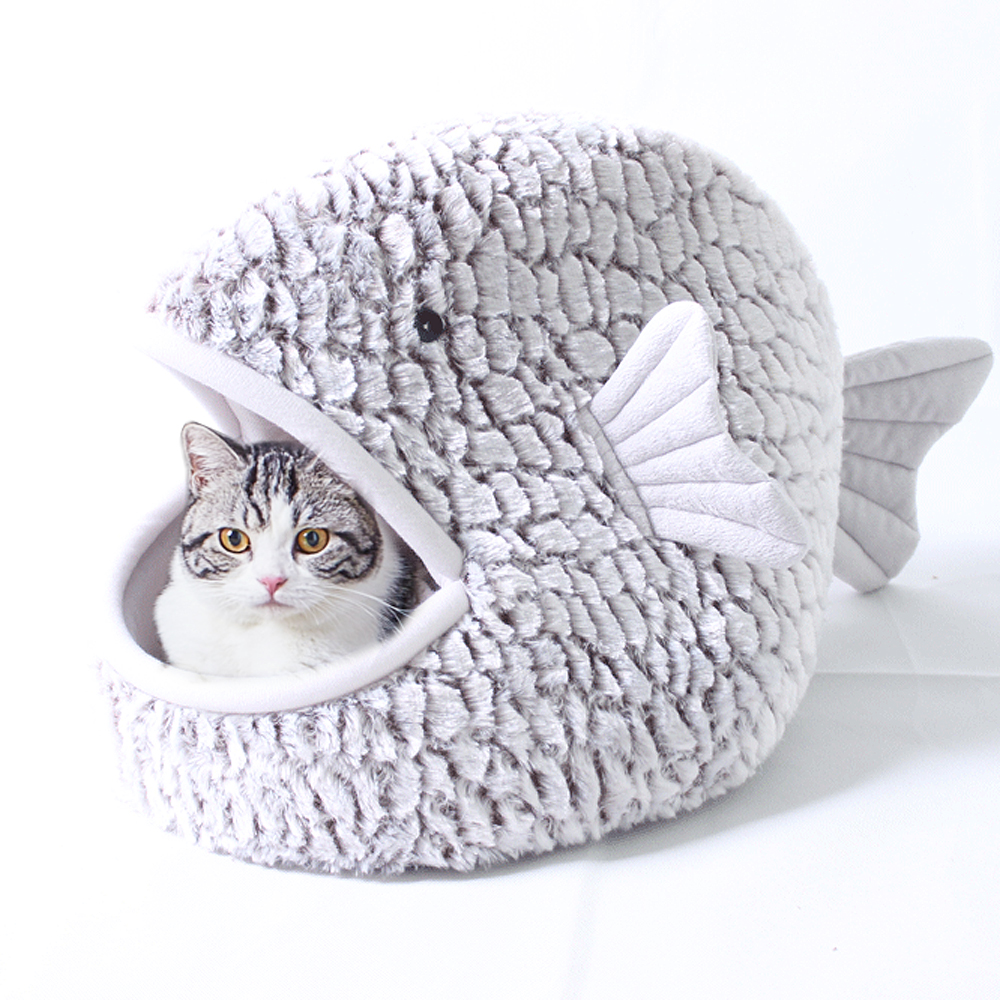 

Fish Shape Cat Bed Nest Warm Kitten Dog Seeping Beds Kenne Soft Pet Sofa Nests For Sma Dogs Cats With Thick Cushion Mat