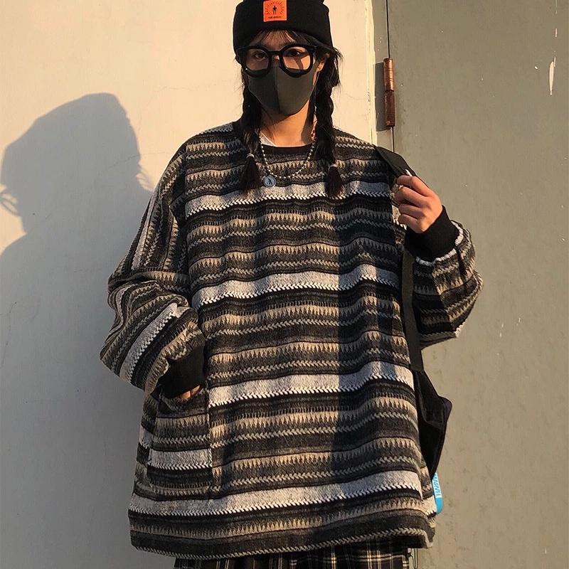 

Women's Sweaters Hip Autumn Winter Women Men Over Size Pullovers Loose Knitted Sweater Retro Striped Knit, Black