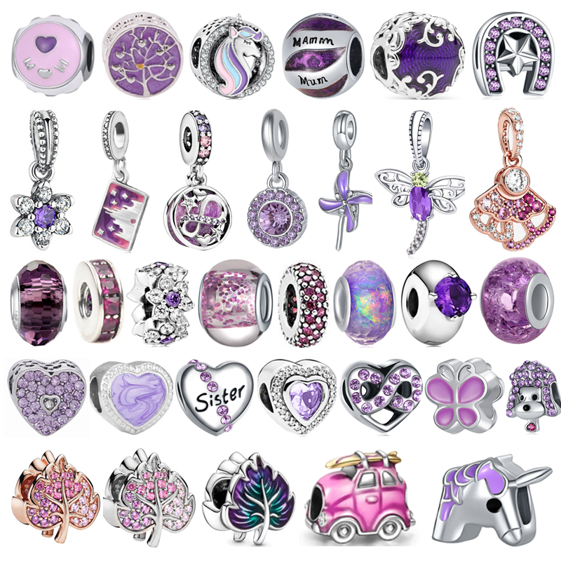 

New Cute Purple Series Mom Sister Butterfly Dog Leaf Unicorn Bead Fit Original Pandora Charms Silver Color Bracelets DIY Jewelry