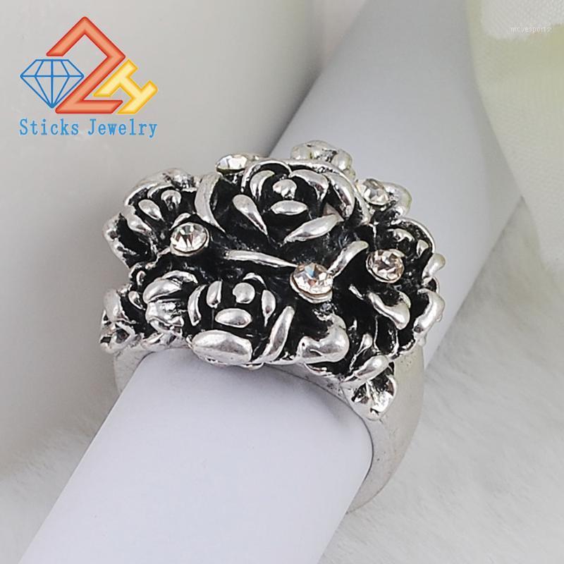 

Cluster Rings Modern 2021 Vintage Jewelry Antique Silver Plated Black Crystal Rhinestone Big Rose Flower For Women Romantic1