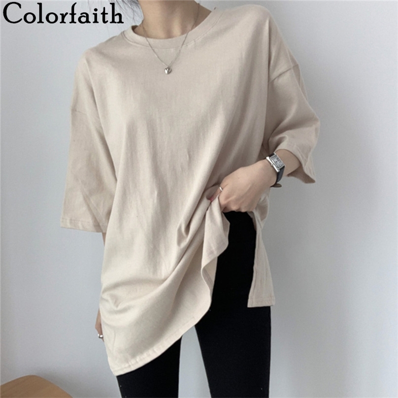 

Colorfaith Women Spring Summer T-shirts Solid Multi Colors Loose Bottoming Half Sleeve Minimalist Split Midi Tops T1201 210720, White