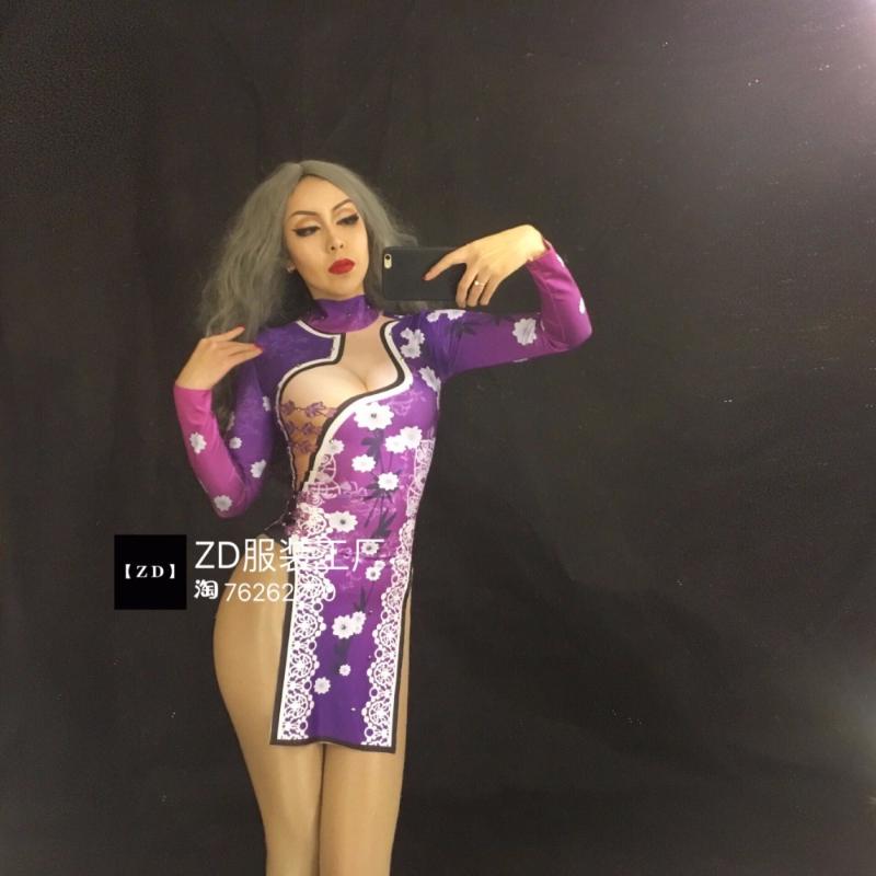 

Casual Dresses 2021 Women 3D Printing White Plum Cheongsam Dress Female Singer DJ Sexy Costume Party Celebration Birthday Dance, Purple