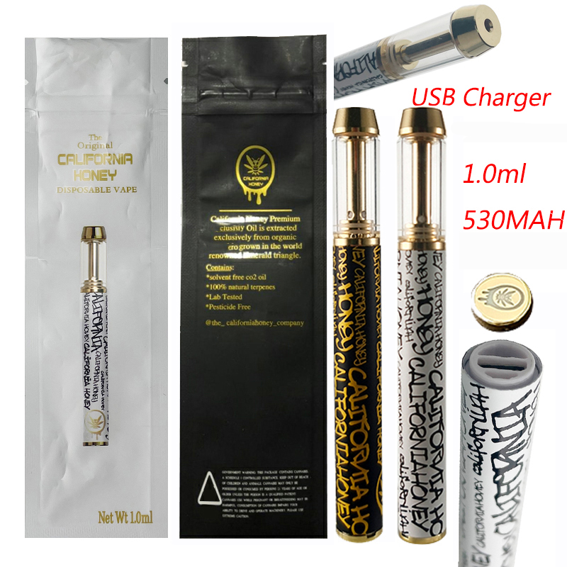 

California Honey Disposable Vapes Pens Black E cigarettes Rechargerable 1.0ml Capacity 530mAh Battery Empty Pen with Packaging Bags CQ Stickers
