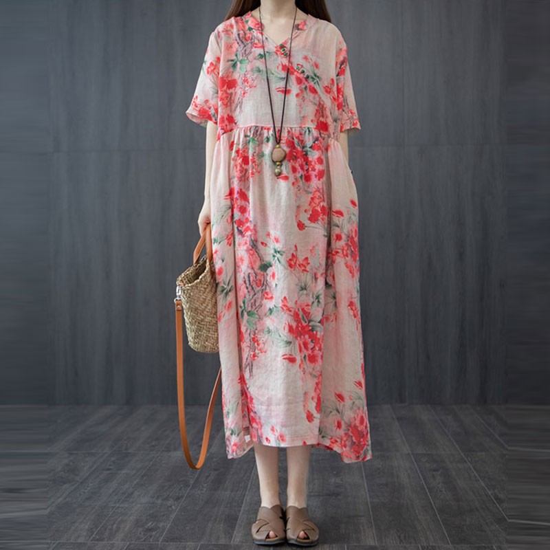 

women cotton linen loose casual dress new arrival 2021 summer vintage style v-neck floral print female long dresses s3300, Black;gray