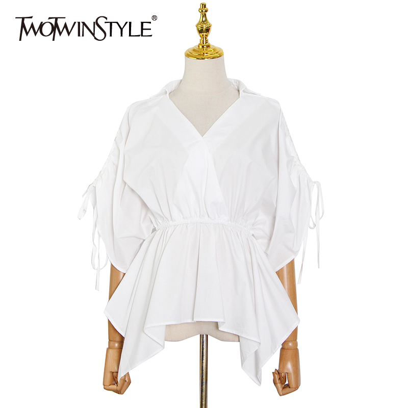 

White Elegant Shirts For Women V Neck Half Sleeve Drawstring Slim Irregular Blouses Female Summer Fashion 210524, Red