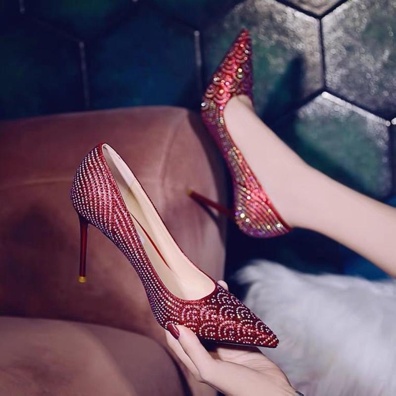 

Dress Shoes Sapatos Femininas Women Fashion Sweet Wine Red Slip On Stiletto Heels For Night Club Lady Sexy Bridal Silver Heel E9253