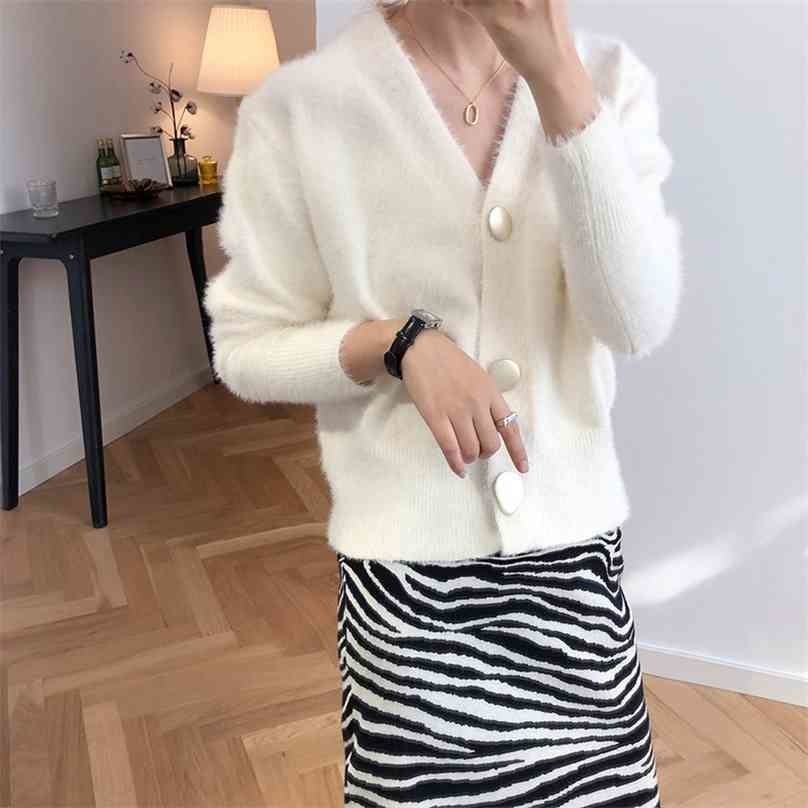 

Women Soft Sweater Autumn Winter V Neck Single-breasted Golden Button Short Knitted Cardigan Female White Furry Coat 210525